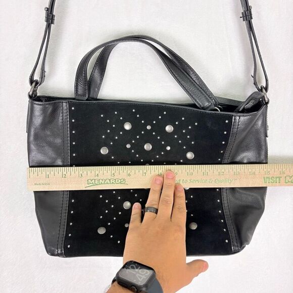 Lucky Brand Black Leather and Suede Studded Satchel Purse with Crossbody Strap - Picture 3 of 12